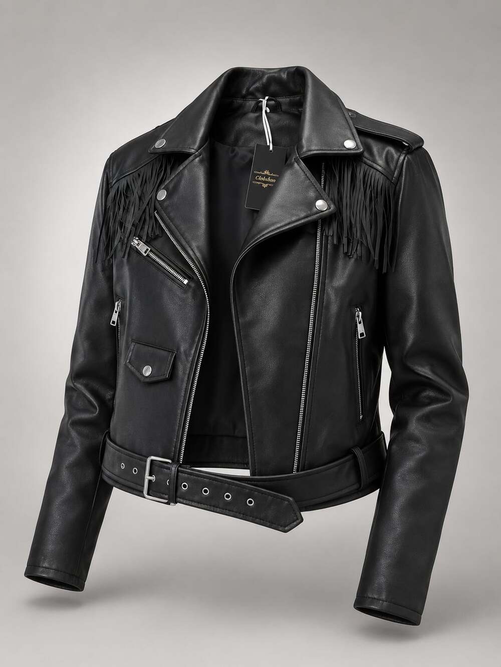 Giolshon Women's Black Faux Leather Fringe Moto Biker Jacket